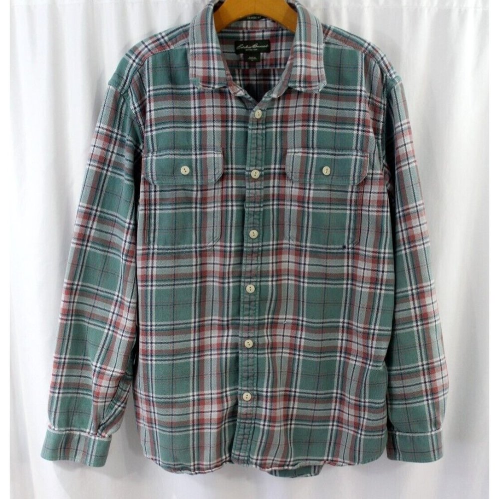 Eddie Bauer Mens Green Plaid Cotton Classic Fit Flannel Button Up Shirt XL